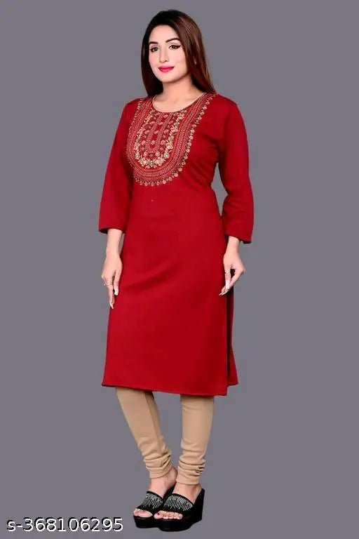 Woolen kurti with embroidered detailing, long sleeves, and full-length design