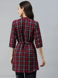 Women's plaid check print tunic shirt, cotton three-quarter sleeves, waist belt for better fit