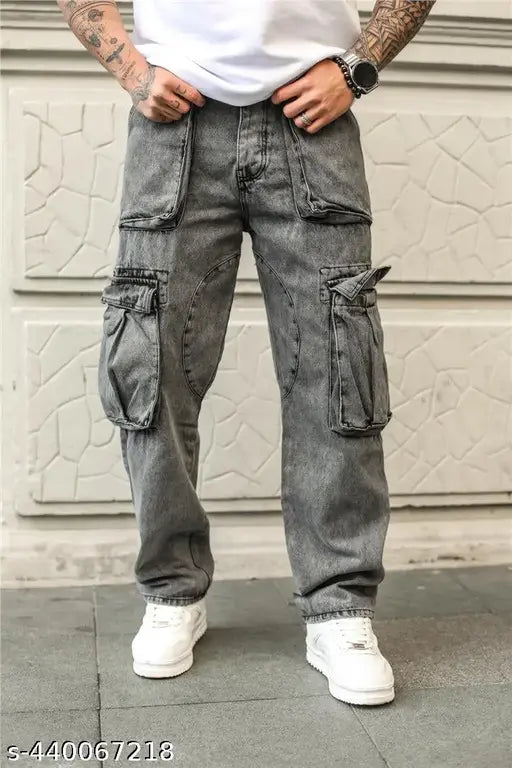 Denim baggy jeans for men, solid pattern in three sizes: 30, 32, 34, 36 (waist 30in/32in/34in/36in, length 39in/40in/40in/40in, hip 39in/40in/41in/42in). Made in India
