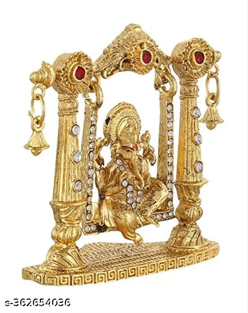 Antique gold Ganesh metal statue (3 inch height), intricately detailed Ganpati idol on swing jhula for temple pooja or home decor