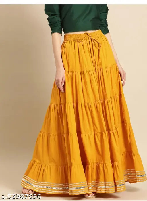Women's trendy fashion yellow ruffle skirt, embroidered hem, cotton fabric