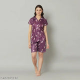 Satin night suit, printed net pattern, short sleeve satin shirt and shorts, India-made fashion apparel for men