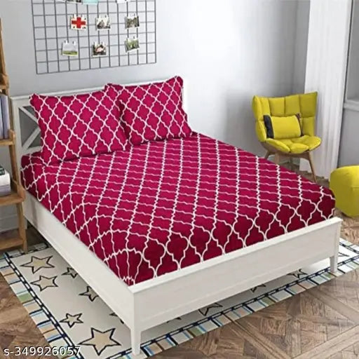 Gold Glace cotton fitted elastic bedsheet set (72x78 inches) for double bed, 2 pillow covers, ideal for summer. Elegant designer linen, country of origin: India