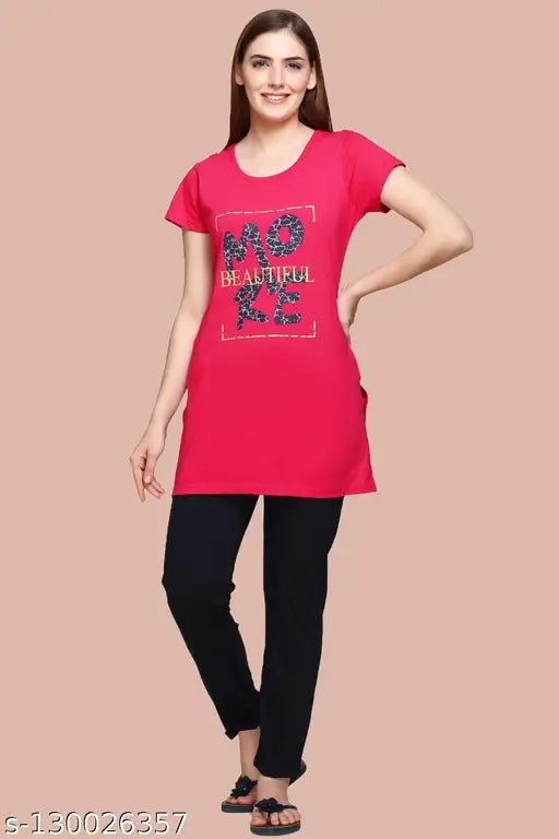 White Moon women's light red/black printed cotton summer sleepwear set with side slits & pockets, casual daily wear with half sleeves and round neck