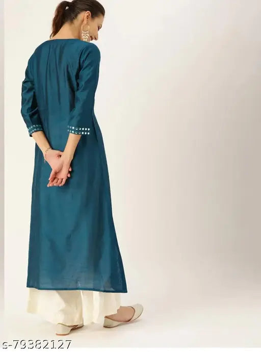 Teal cotton three-quarter sleeve embellished A-Line kurta, India origin
