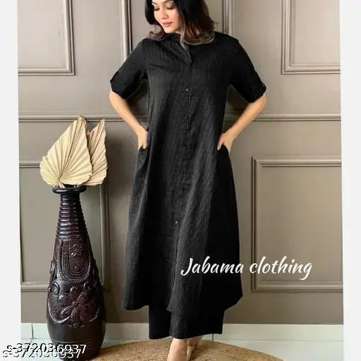 Black cotton blend kurta plaazzo set, printed net pattern, three-quarter sleeves, new design, single size available from S to XXL, made in India
