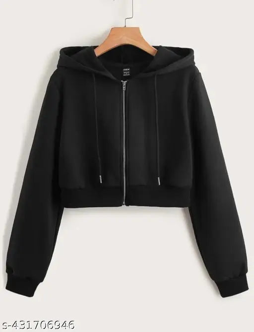 Black fleece crop hudiye for women, solid black long-sleeve fleece clothing on hanger