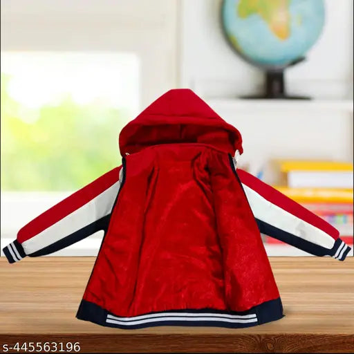 Red and navy blue winter jacket with zip closure, designed for boys