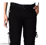 Men's black cotton blend cargo jeans, size 32/waist 32in, length 41in, hip 36in. Solid black men's cargo jeans on model