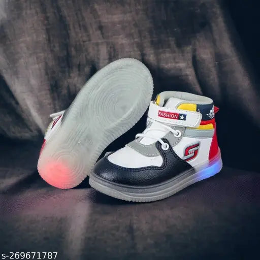 Black sports shoe, glowing sole and laces, high-top design
