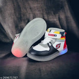 Black sports shoe, glowing sole and laces, high-top design