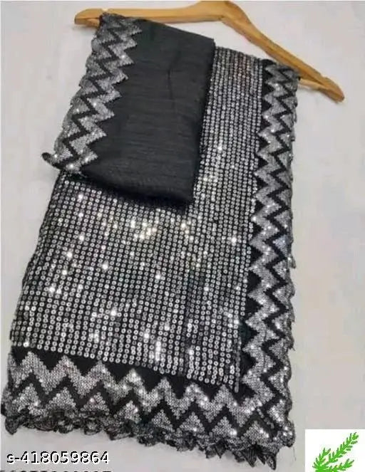 Silver embellished saree with sequins and zigzag border, set of 3