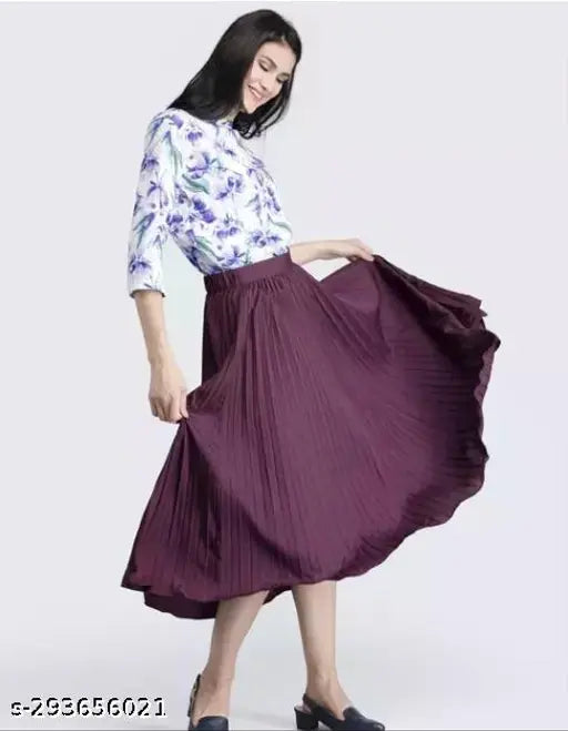 Trendy Designer Skirt, A-line silhouette, mid-length, sleeveless, flared skirt, high waist, ruffled hem, in vibrant purple fabric, perfect for casual and formal events