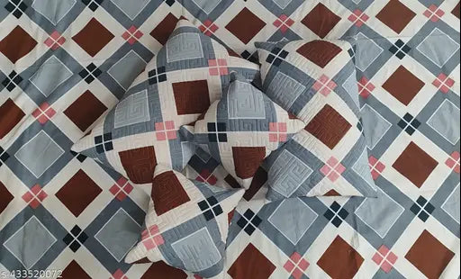 Multicolor quilted Glace cotton bedsheet set (1K + 2 pillows & 2 cushions), heavy quality, ideal for summer, Indian craftsmanship