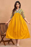 Rayon mustard-printed women's flared kurta, three-quarter sleeves, stylish Indian fashion for parties