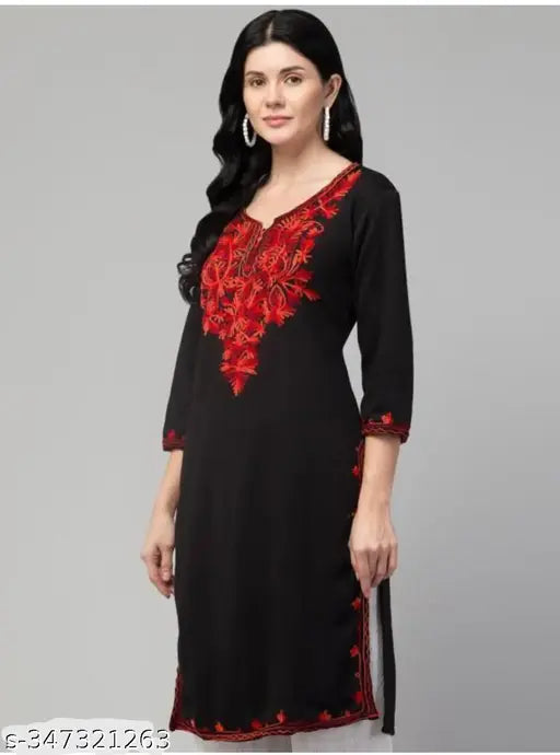 Fleece winter kurti, woolen with embroidered designs