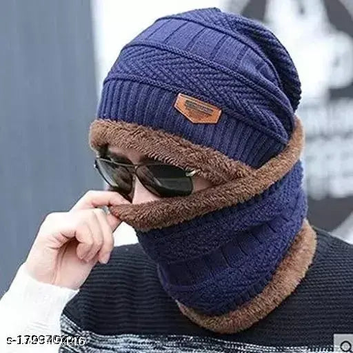 Woolen beanie, skull cap & muffler combo (navy & black), faux fur inner side, winter hat set with ear warmer - airproof, warm accessory for winters, made in India