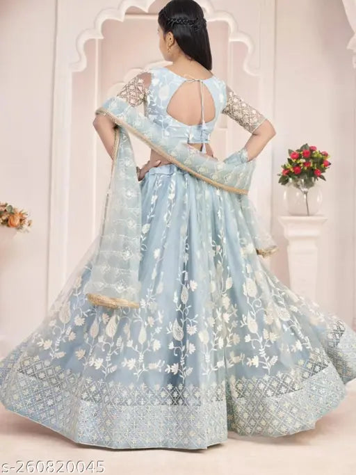 Embroidered net lehanga choli set for kids aged 8-14, Indian handcrafted girls partywear with short sleeves