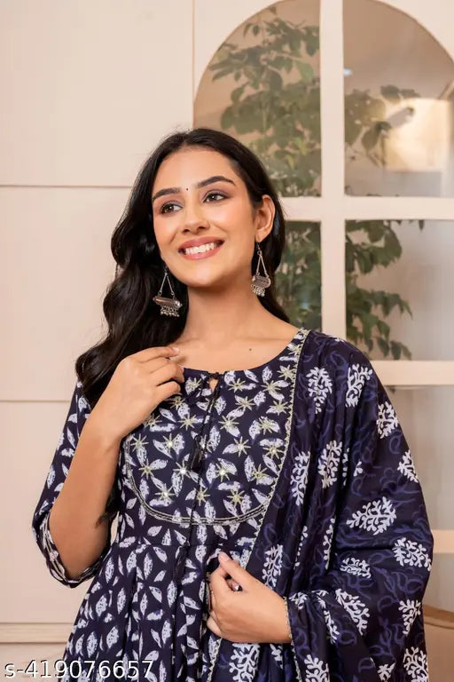Blue rayon women's kurta with sharara and dupatta set