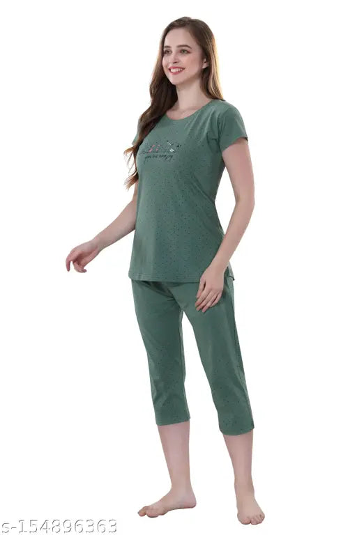 Soft hosiery Capri nightsuit nightdress for girls wear, solid colored and comfortable sleepwear with short sleeves