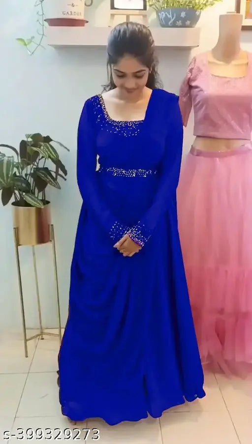 Blue Georgette Choki, single solid color gown with matching dupatta and belt, long sleeves, 52" flare