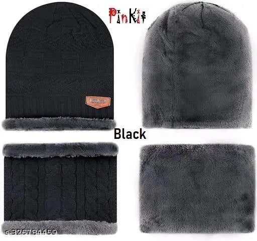 Arcylic colorblocked beanie cap & scarf set, warm fur-lined for men & women winter