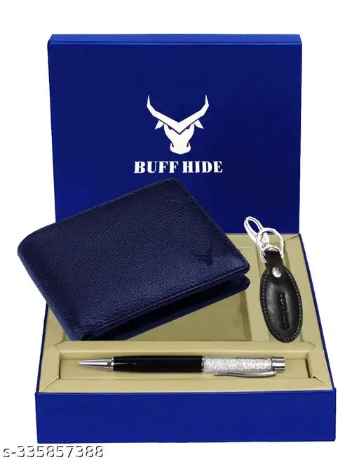 Buffhide RFID protected 100% genuine leather gift hamper for men - Solid leather bi-fold wallet with 2 compartments, free size (11cm x 9cm) - Modern, functional, and secure accessory for men's essentials