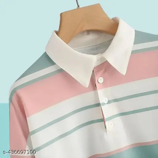 Pastel pink, blue, white striped Lycra long-sleeve polo collar t-shirt with button-up front and cuffs, India origin