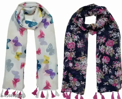 Fancy Floral Print/Latest Design1 with Premium Quality Poly Chiffon stoles scarves with Pearl and tassels (LATKAN) for Women ladies and girls- Pack of 2(MultiColBfly/BluepinkF Pack of 2)