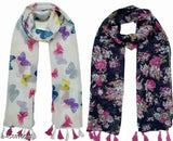 Fancy Floral Print/Latest Design1 with Premium Quality Poly Chiffon stoles scarves with Pearl and tassels (LATKAN) for Women ladies and girls- Pack of 2(MultiColBfly/BluepinkF Pack of 2)