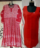 Red chiffon anarkali kameez with inner camisole, handcrafted embroidery, sleeveless design