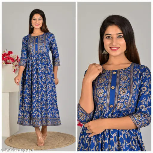 Rayon printed gown with three-quarter sleeves, vibrant design for women's parties, made in India (N, S-XXXL available)