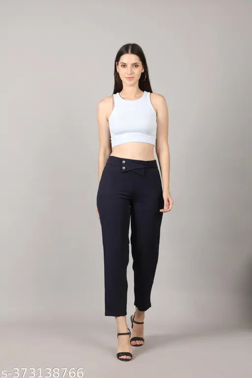 Dark blue high-rise trousers, casual fashion, women's wear