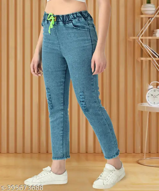 High-waisted blue stretchable premium denim knee low slit jogger jeans for women