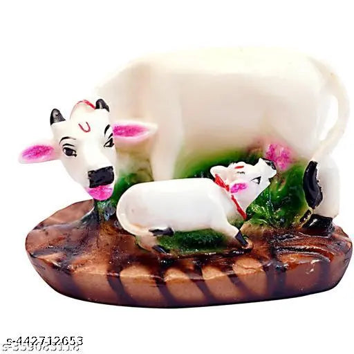 White poly resin Kamdhenu cow and calf idol for temple, home decor or car dashboard