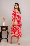 Rayon embroidered printed Anarkali kurtis in S36M38L40XL42XXL443XL464XL485XL, featuring three-quarter sleeves and vibrant Indian print designs