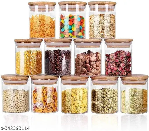 Kitchen storage containers set of 12, bamboo wood lids, airtight, 220 ml, multiuse: flour, sugar, cookies