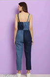Blue check denim sleeveless women's jumpsuit with dangaree details, colorblocked and made from denim. Size S: bust 34", length 51", waist 28". Handmade in India