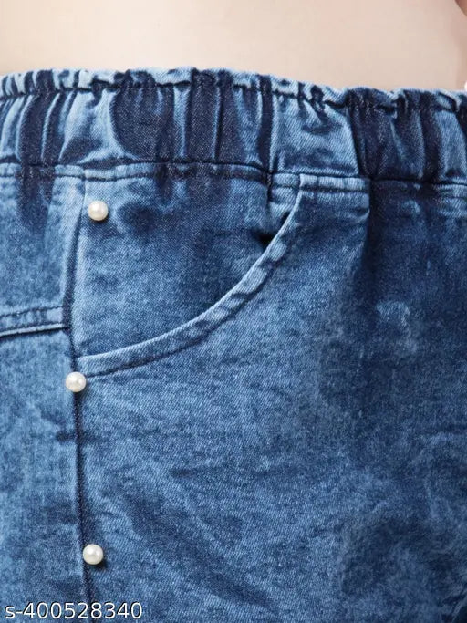 Blue stretch denim side pearl jogger jeans, premium material, elastic waist, girls' casual wear