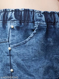 Blue stretch denim side pearl jogger jeans, premium material, elastic waist, girls' casual wear