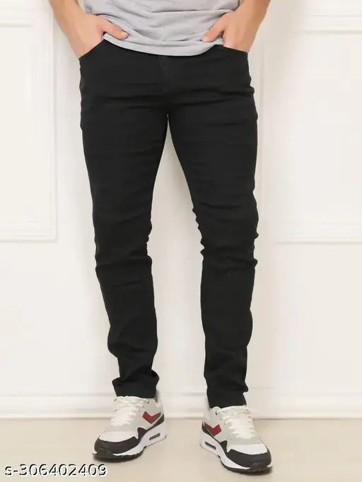 Mens black stretchable denim jeans, slim fit with versatile style and exceptional value for an affordable price. 28 inch x 40 inch length. Made in India