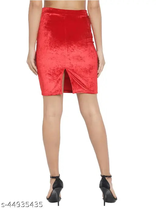 Red velvet high waist pencil skirt with back slit, versatile for work or play. Polyester fabric fits sizes 26-36