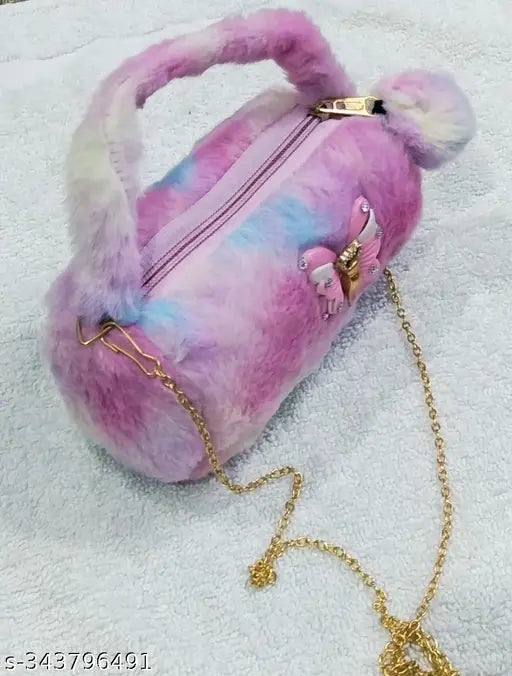 Purple fur material sling bag baby girls kids stylish design golden chain