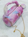 Purple fur material sling bag baby girls kids stylish design golden chain
