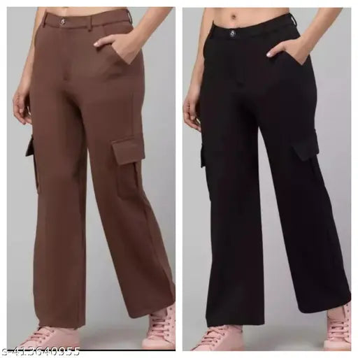 Black and brown cargo pants, two pockets per leg
