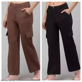 Black and brown cargo pants, two pockets per leg