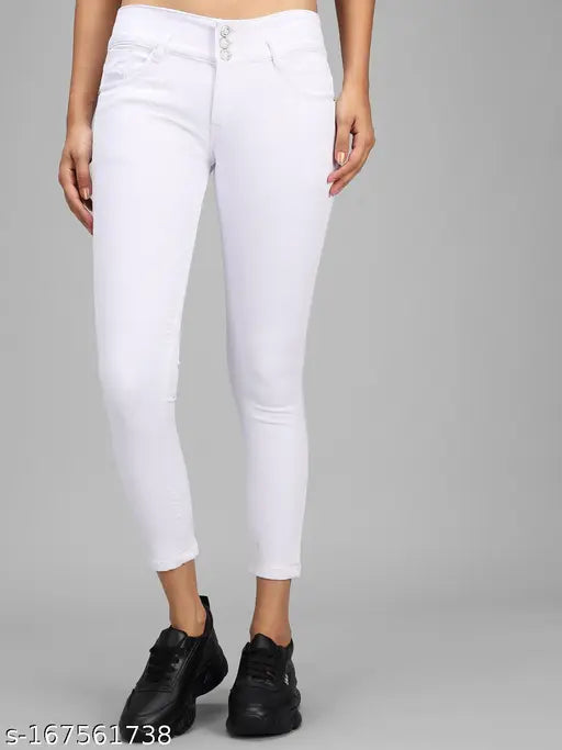 Stretchable high-rise, slim-fit white denim jeans with 3 buttons and 5 pockets for casual occasions
