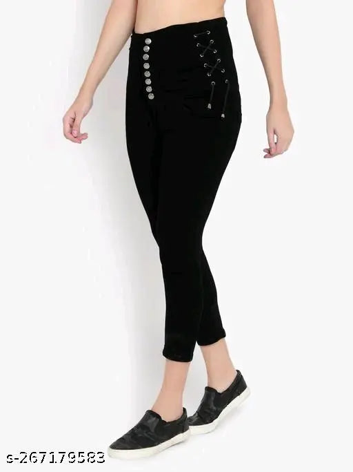 Black denim jeans, high-rise slim fit with 8 buttons and zip fly, stretchable fabric, lace waistband - women's casual wear