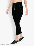 Black denim lycra blend high rise slim fit 8-button stretchable ankle length jeans for women, lace waistband