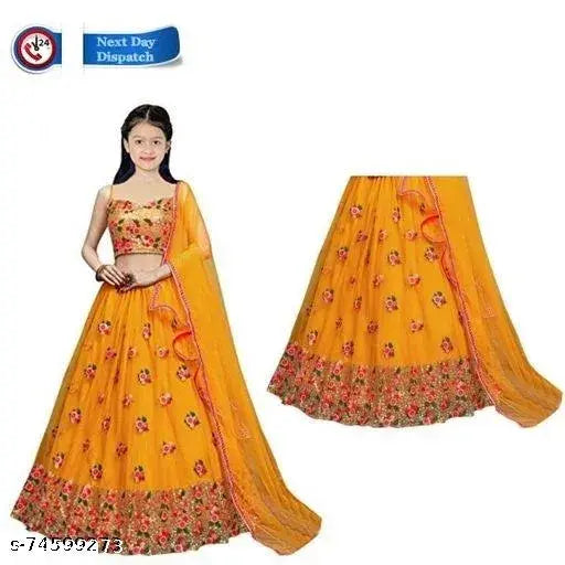 Net embroidered designer girls lehenga choli, suitable for 3-15 years. Indian kids party wear with free size and semi-stitched construction